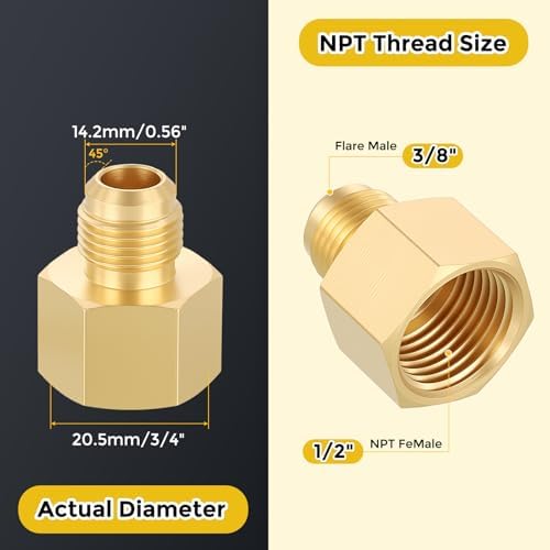 METALLIXITY 3PCS 1/2"FNPTx3/8"Flare Male Thread Brass Hex Extension Adapter | Female to Male Adapters, Brass Pipe Fittings for Water Line, Tub Spout/Shower Head
