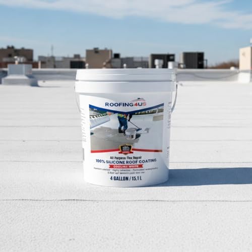 All-Purpose Flex Repair 100% Silicone Roof Sealant | Premium Waterproof Coating, Primer-Free, UV-Resistant, Long-Lasting Protection Against Leaks (Cooling White) (‎Cooling White, 4 Gallon)