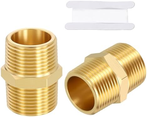 2 Packs Brass Pipe Fittings, 3/4" MNPT to 3/4" Male NPT | Brass Hex Nipple W/ Sealing Tape, Male Pipe Adapters Reducer for Air, Oil, LP, Gas