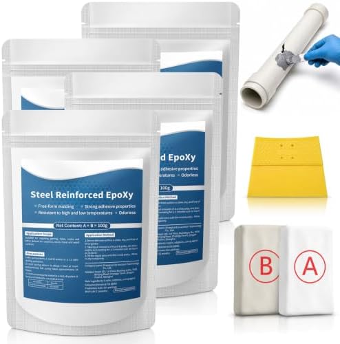 Strong Clay Iron Adhesive, Steel Reinforced Epoxy Putty, Repair Putty Waterproof, Heat Resistant Drillable, Filler for Metal PVC Pipe, Plastic Wood Ceramic, Easy Operation, Strong Adhesion (4PCS)