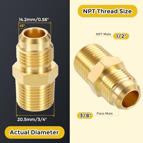 METALLIXITY 2PCS 1/2"MNPT x 3/8" Male Flare Thread Brass Hex Nipple Adapter | Male Straight Extension Adapters, Brass Pipe Fittings for Water Line, Tub Spout/Shower Head
