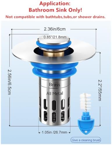(All Metal) Bathroom Sink Stopper, Pop Up Drain Strainer for Bathroom Sink, Sink Plug Hair Catcher, Silent Popper Core w/Removable Filter Basket,Fit 1.05~2.0''Basin (Chrome, 1 Pack)