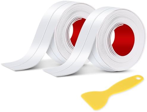 White Caulk Tape 2 Rolls Waterproof Self-Adhesive Tub & Wall Sealing Strip PVC Caulk for Bath & Kitchen Shower Corners, Sink Edges, Toilet Base