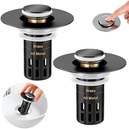 (All Metal) Bathroom Sink Stopper, Pop Up Drain Strainer for Bathroom Sink, Sink Plug Hair Catcher, Silent Popper Core w/Removable Filter Basket,Fit 1.05~2.0''Basin (Matte Black, 2 Pack)