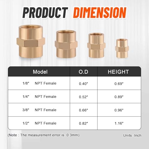 24Pcs Brass Pipe Fittings Hex Coupling Kit,1/8" 1/4" 3/8" 1/2" NPT