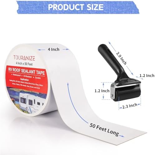 RV Roof Tape with Rubber Roller, 4 Inch x 50 Feet RV Sealant Tape for Camper Roof Repair, Boat Sealing, Trailer Roofing Seam Leaks, UV Resistant, Waterproof, White