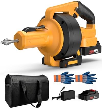 Ublue 21V Cordless Electric Drain Auger, 25Ft Auto Feed Drain Snake for Clog Remover with 2.0Ah Battery, Plumbing Snake for Sink Toilet Bathroom Shower Pipes 3/4"-2.95", Included Bag Gloves Rag