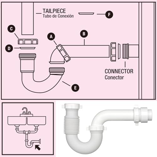 (1 Pack) Yariwiz White P Trap 1 1/2 Inch for Bathroom Kitchen Sink Drain Pipe Tubular Kit with Adjustable J-bend, White Threaded Adapter and Blue TPE Washer KSD-004W