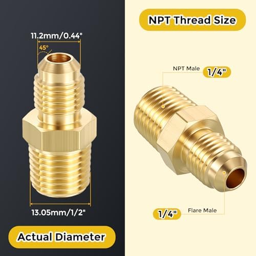 METALLIXITY 1PCS 1/4" Male Flare x 1/4"MNPT Thread Brass Hex Nipple Adapter | Male Straight Extension Adapters, Brass Pipe Fittings for Water Line, Tub Spout/Shower Head