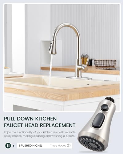 Kitchen Faucet Head Replacement, 3-Function Pull Down Faucet Spray Head with 15 Adapters - Replacement Pull-Out Sink Spout Sprayer Nozzle, Brushed Nickel