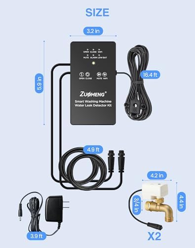 WiFi Washing Machine Water Leak Detector Kit with App Alerts & Sound Light Alarm, Dual Power Supply, High-Precision Sensor, Automatic Hot & Cold Shut-Off Valves (3/4" 90°)