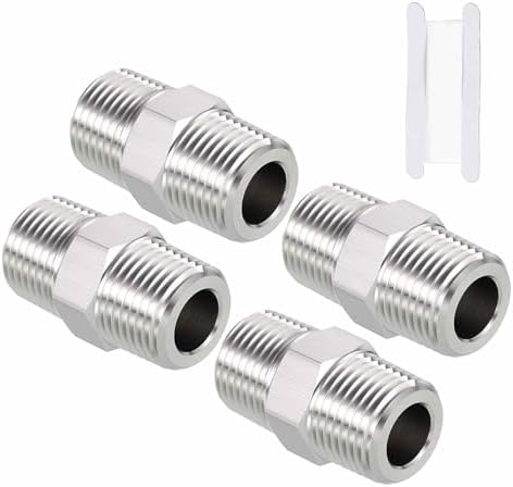 Pack of 4, 1/2" Male NPT To 1/2" Male NPT SUS304 Hex Nipple | Solid Male Pipe Adapter Hose Connectors with Sealing Tape for Pipe Repair, Bathroom Remodel, Tool Extensions, Compression