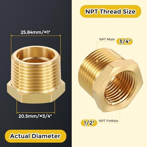 METALLIXITY 2PCS 3/4" MNPT x 1/2" FNPT Thread Brass Hex Bushing Extension | Brass Pipe Fittings, Tube Adapters Convert for Water Line, Tub Spout/Shower Head