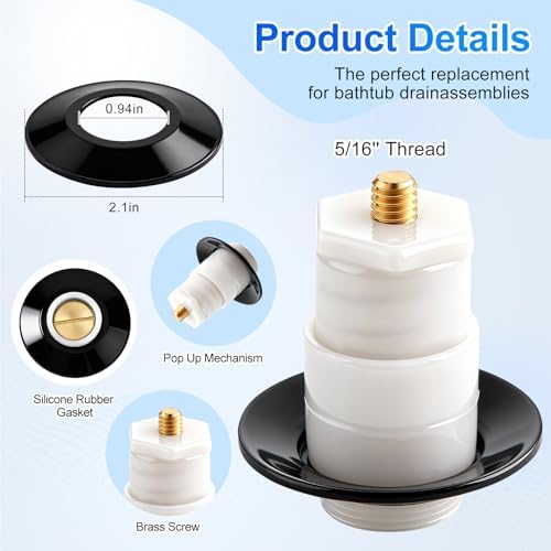 1 Pack 5/16'' Thread Studs Bathtub Drain Stopper, Bathroom Tub Drain Stopper 5/16'' Thread for Most Bathtubs Stopper (Chrome Cover)