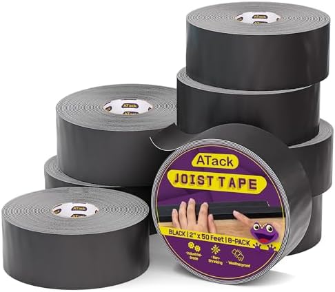 ATack 2 Inch x 50ft 8-Pack Waterproof Deck Joist Tape, Non-Shrinking Butyl Flashing Sealant, High Tack Rim Joist Tape, Year-Round Protection on Wood, Metal, Composite, Roof Beams