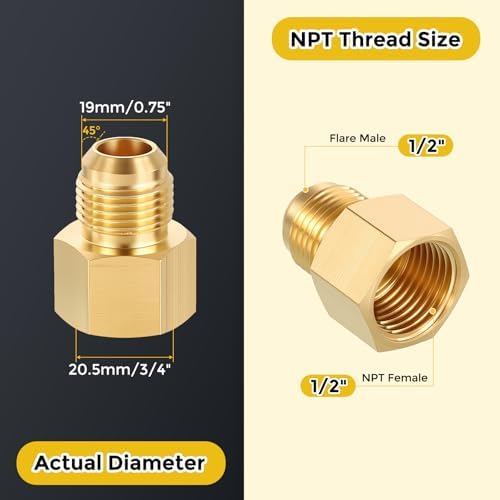 METALLIXITY 3PCS 1/2"FNPTx1/2"Male Flare Thread Brass Hex Extension Adapter | Female to Male Adapters, Brass Pipe Fittings for Water Line, Tub Spout/Shower Head