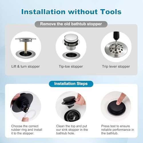 Hibbent 3 in 1 Metal Bathtub Drain Stopper, Universal Pop Up Tub Stopper