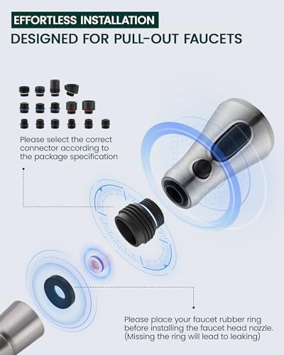 Kitchen Faucet Head Replacement, 3-Function Pull Down Faucet Spray Head with 15 Adapters - Replacement Pull-Out Sink Spout Sprayer Nozzle, Brushed Nickel