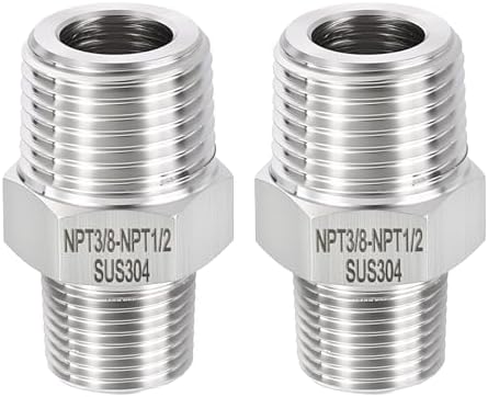 METALLIXITY 2PCS 1/2" MNPT x 3/8" MNPT Thread SUS304 Hex Nipple Adapter | Male Straight Extension Adapters, 304 Stainless Steel Pipe Fittings for Water Line, Tub Spout/Shower Head