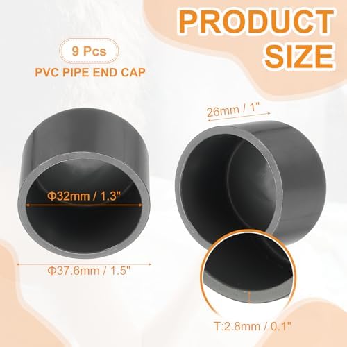 PATIKIL PVC Pipe End Caps, 9 Pack 1.3" Diameter Pipe Cover Cap Plug Adapter Socket Fittings for Build DIY Furniture Garden Shelf Water Line, Grey