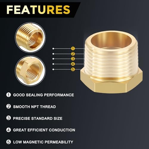 METALLIXITY 5PCS 3/4" MNPT x 3/8" FNPT Thread Brass Hex Bushing Extension | Brass Pipe Fittings, Tube Adapters Convert for Water Line, Tub Spout/Shower Head