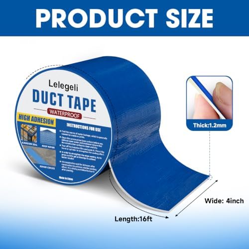 Lelegeli Blue Duct Tape Heavy Waterproof 4inch x 16ft, Waterproof Tape for Solar Pool Cover, Pool Liner Repair, Butyl Sealant Tape for RV Awning Sealing, Metal Roof Patch