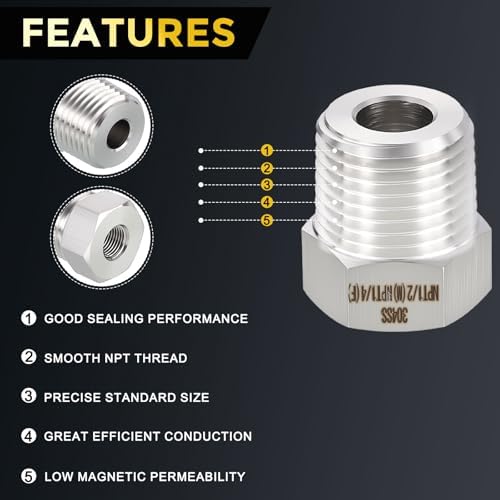 METALLIXITY 12PCS 1/2" MNPT x 1/4" FNPT Thread SUS304 Hex Bushing Extension | 304 Stainless Steel Pipe Fittings, Tube Adapters Convert for Water Line, Tub Spout/Shower Head
