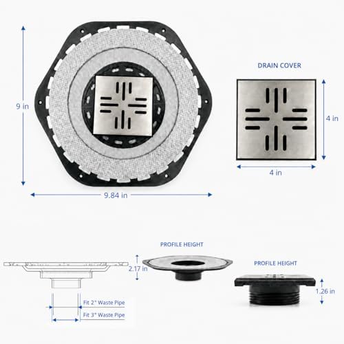 4-Inch Square Shower Drain Kit with Bonding Flange, Brushed Silver