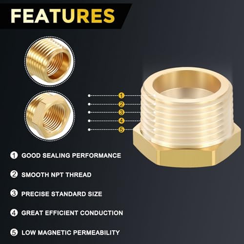 METALLIXITY 5PCS 1" MNPT x 1/2" FNPT Thread Brass Hex Bushing Extension | Brass Pipe Fittings, Tube Adapters Convert for Water Line, Tub Spout/Shower Head