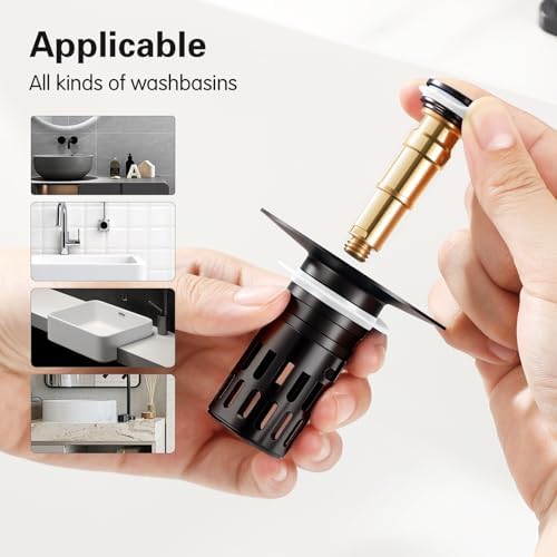 (All Metal) Bathroom Sink Stopper,Pop Up Drain for Bathroom Sink,Sink Stopper Hair Catcher,Silent Popper Core w/Removable Stainless Steel Filter Basket,Sink Drain Plug Fit for 1.05~2.0''Basin