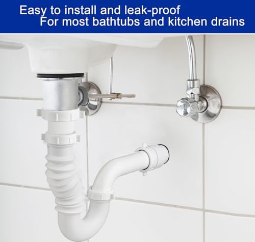 (1 Pack) Yariwiz White P Trap 1-1/2 Inch for Bathroom Kitchen Sink Drain Pipe Tubular Kit with Adjustable J-Bend, Tailpiece, Threaded Adapter and Blue TPE Washer KSD-008W