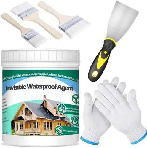 QUKLOGEN 1Kg/35.3Fl.oz Invisible Waterproof Agent Indoor&Outdoor Waterproof Coating Set Transparent Liquid Sealant with Wooden Brush Resistant Work Gloves Putty Shovel Cut