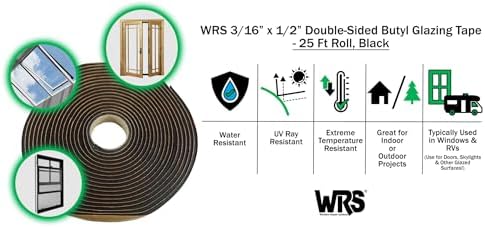 WRS 3/16" x 1/2" Double Sided Butyl Tape, 25 Ft, Black, for Windows & Doors | Creates a Waterproof, Mess Free Seal; Great for RVs, Automotive, Roofing & Joint Sealing; Rubber Adhesive; Sold Individually