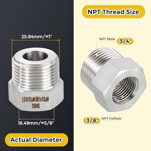 METALLIXITY 2PCS 3/4" MNPT x 3/8" FNPT Thread SUS304 Hex Bushing Extension | 304 Stainless Steel Pipe Fittings, Tube Adapters Convert for Water Line, Tub Spout/Shower Head