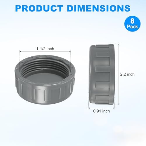 M METERXITY 8-Pack PVC Pipe End Cap Plug Adapter 1-1/2 In, Female Thread | Gray, Water End Cap Connector, Inner Teeth Pipe Plugs, for Outside Lawn, Yard/Watering Irrigation Systems