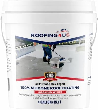 All-Purpose Flex Repair 100% Silicone Roof Sealant | Premium Waterproof Coating, Primer-Free, UV-Resistant, Long-Lasting Protection Against Leaks (Cooling White) (‎Cooling White, 4 Gallon)