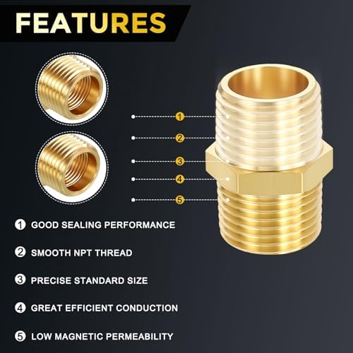 METALLIXITY 5PCS 1/2" MNPT x 1/2" MNPT Thread Brass Hex Nipple Adapter | Male Straight Extension Adapters, Brass Pipe Fittings for Water Line, Tub Spout/Shower Head