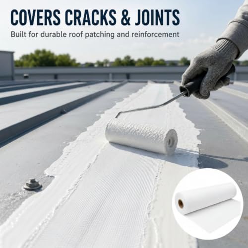 Contouring Polyester Roof Reinforcement Fabric White, 40 in x 162 ft Elastomeric Roof Coating, Roofing Tool and Fabric Sealer to Reinforce Strength for Roofs