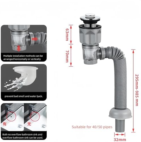 Bathroom Sink Drain Kit with Flexible Expandable P-Trap Sink Drain Pipe Tube Anti-Odor Bathroom Sink Drain Pipe for 1-1/4",1-1/2" and 2'' Drain Hole (Bounce style)