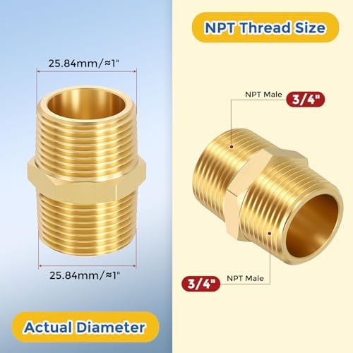 2 Packs Brass Pipe Fittings, 3/4" MNPT to 3/4" Male NPT | Brass Hex Nipple W/ Sealing Tape, Male Pipe Adapters Reducer for Air, Oil, LP, Gas