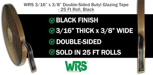 WRS 3/16" x 3/8" Double Sided Butyl Tape, 25 Ft, Black, for Windows & Doors | Creates a Waterproof, Mess Free Seal; Great for RVs, Automotive, Roofing & Joint Sealing; Rubber Adhesive; Sold Individually