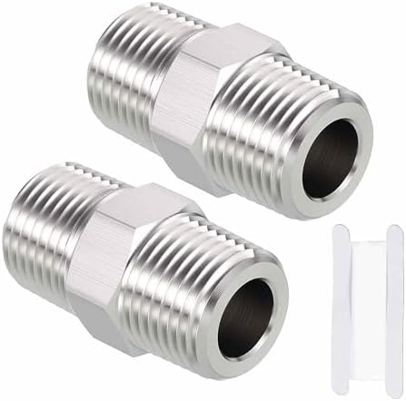 Pack of 2, 1/2" Male NPT To 1/2" Male NPT SUS304 Hex Nipple | Solid Male Pipe Adapter Hose Connectors with Sealing Tape for Pipe Repair, Bathroom Remodel, Tool Extensions, Compression