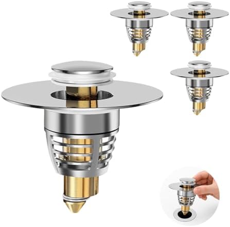 (4-Pack) Universal Bathroom Sink Stopper with Anti-Clog Basket Filter, Fit for 1.1"-1.6" Drain Holes, Sink Pop Up Stopper, Washbasin Drain Stopper, Tool-Free Installation
