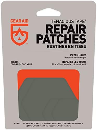GEAR AID Tenacious Tape Repair Patches for Jackets, Tents and Outdoor Gear, OD Green, 2.5” and 1.5” Hex Shape, 4 Patches | Pre-Cut Peel-and-Stick Repair Patches for Fixing Holes, Tears and Burns in Jackets, Tents, Sleeping Bags and Gear