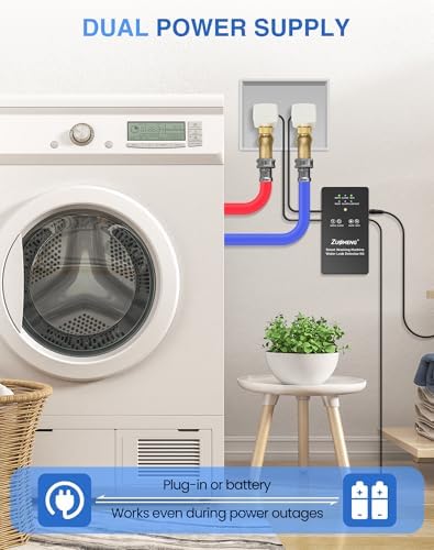 WiFi Washing Machine Water Leak Detector Kit with App Alerts & Sound Light Alarm, Dual Power Supply, High-Precision Sensor, Automatic Hot & Cold Shut-Off Valves (3/4" 90°)