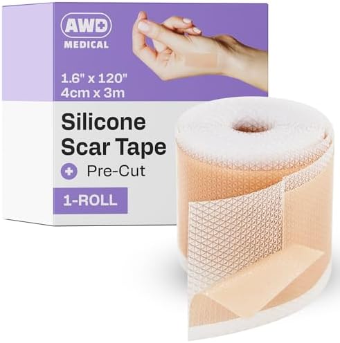 AWD Medical Silicone Scar Tape, Medical Grade, 1.6in x 120in Pre-Cut | Reusable Silicone Scar Sheets, Pre-Cut for C-Section, Surgery, Keloid & Acne; Latex-Free, Water-Resistant, FSA Eligible