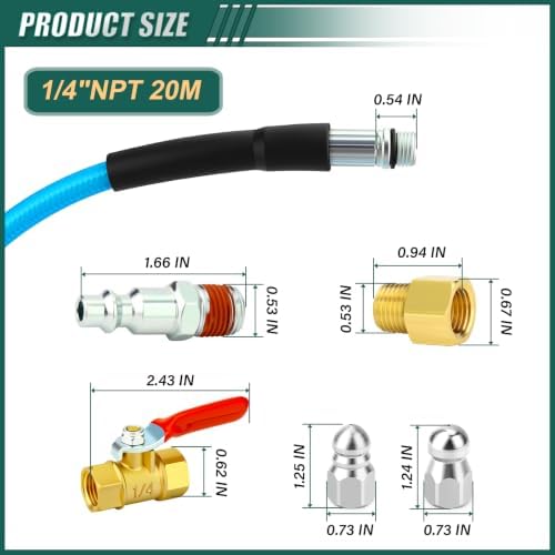 Sewer Jetter Kit, 65 FT (20M) High Pressure Drain Cleaning Hose | with 1/4 Inch NPT Fittings, Ball Valve, for Pressure Washer
