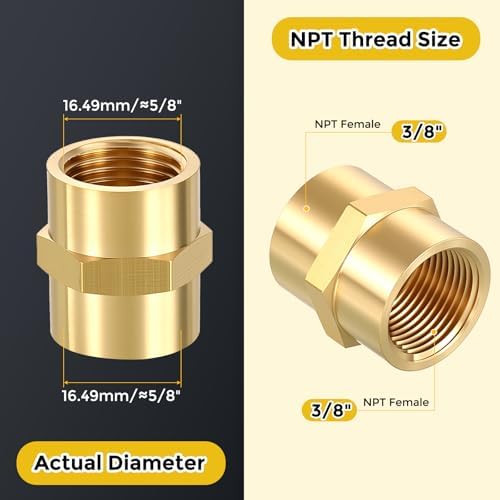 METALLIXITY 5PCS 3/8" NPT FeMale x 3/8" NPT FeMale Thread Brass Coupling | Brass Pipe Fittings, Coupler Hex Head Adapter for Water Line, Tub Spout/Shower Head