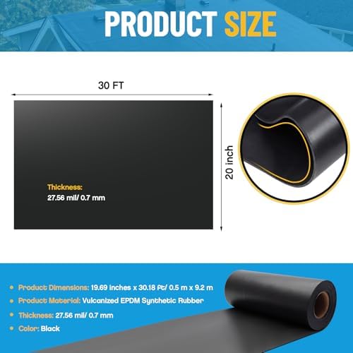 Epdm Rubber Roofing, Waterproofing Membrane, 27.5 Mil, 30 ft X 20 Inches