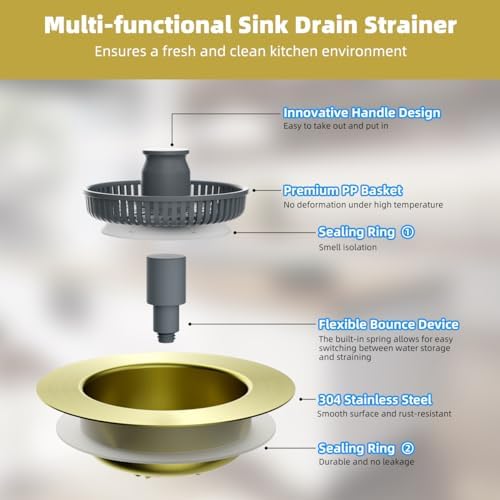 Hibbent 3-in-1 Kitchen Sink Drain Strainer with 3 Baskets, Brushed Gold